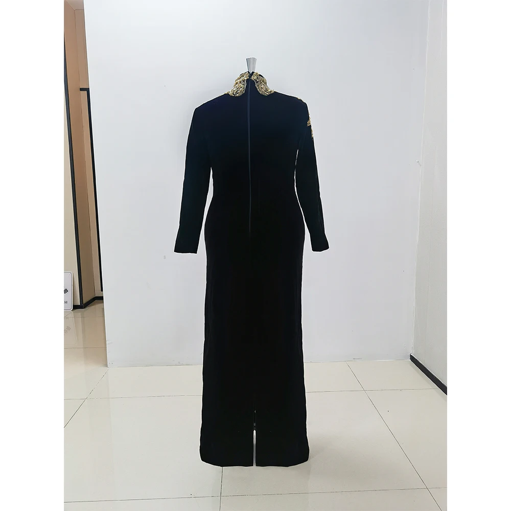 Black O-Neck Long Sleeve Evening Dress Floor Length Velvet High Neck Back Vent Mermaid For Elegant Women Chic Vestidos