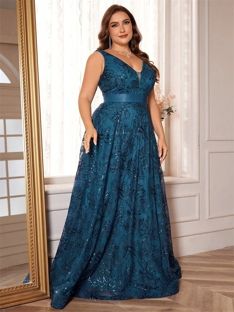 XUIBOL grande taille luxe Sexy col en v profond paillettes bleu robe de soirée femmes élégant v-back fête de mariage longue robe de Cocktail de bal