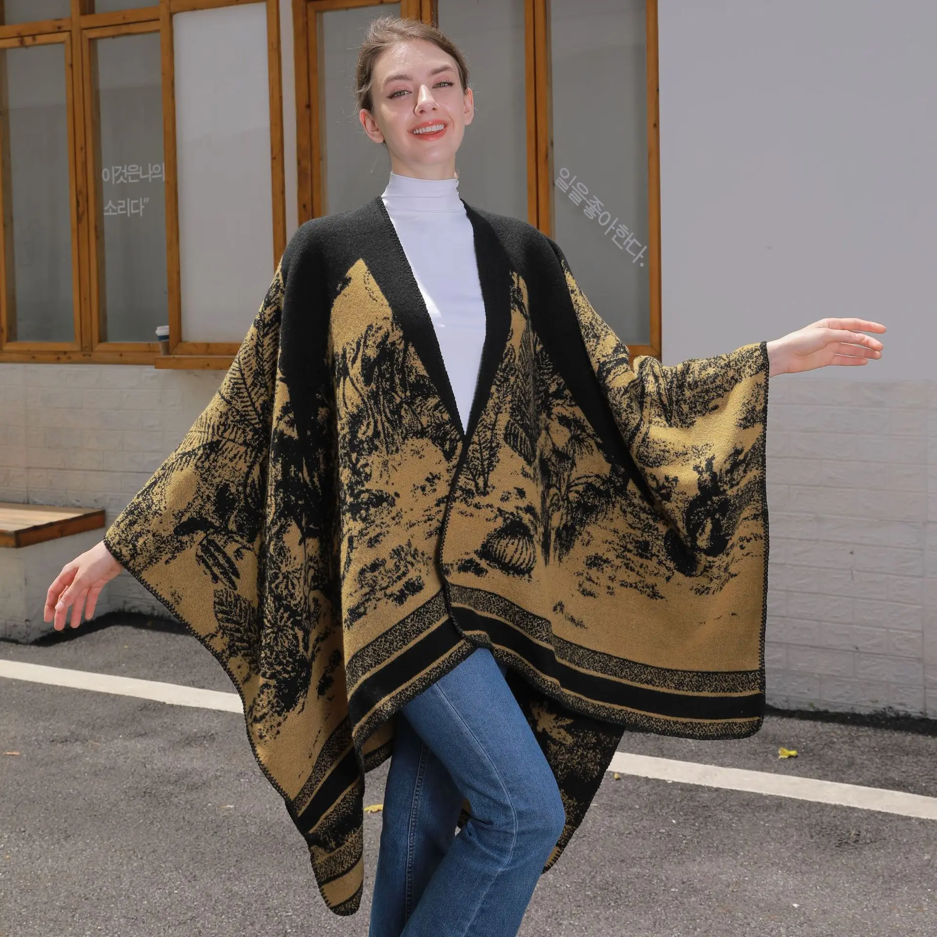 7 Colors Double Side Female Printed Big Pendulum Loose Cloak Women Autumn Faux Cashmere Outerwear Mantle Long Poncho Shawl Capes