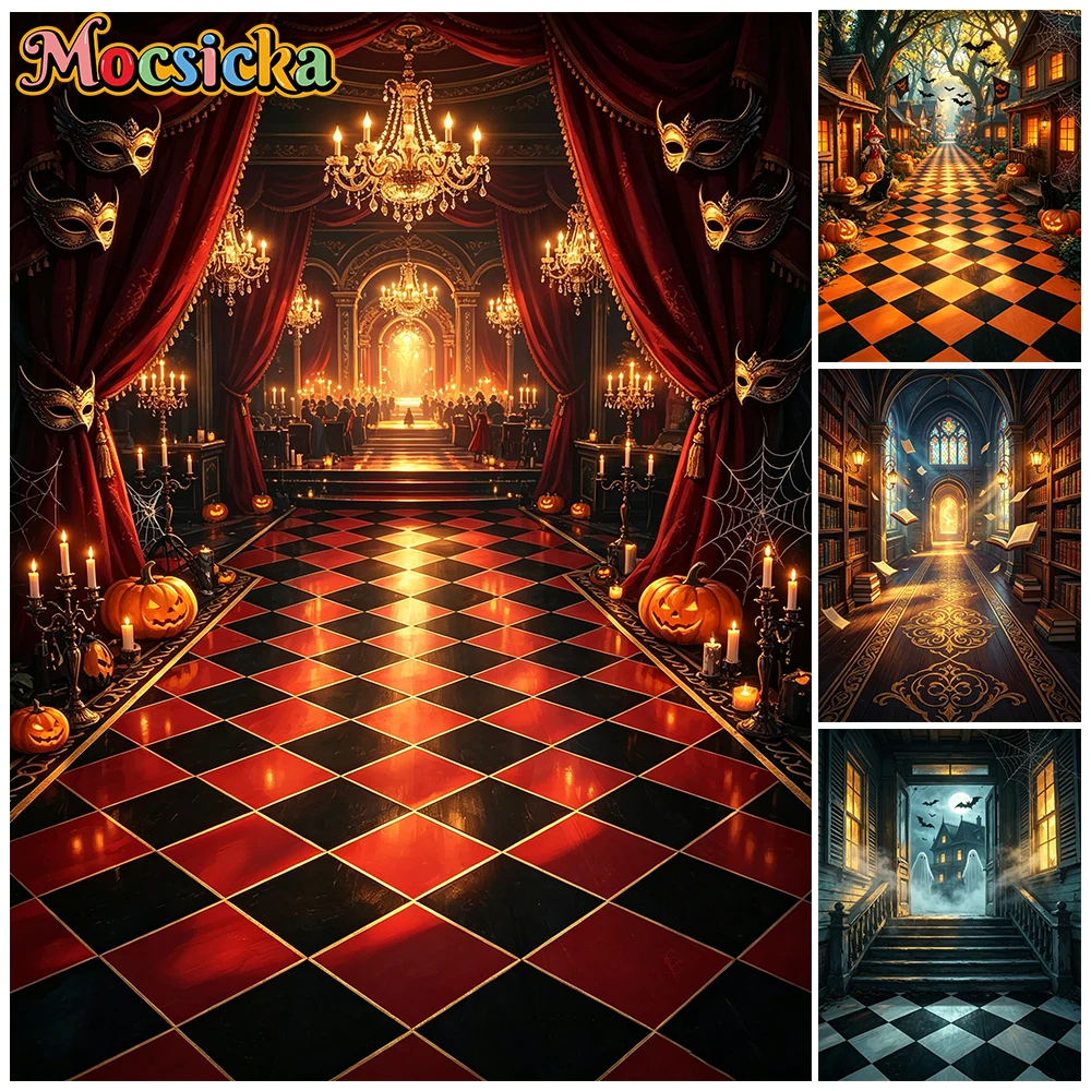 Mocsicka Halloween Backdrop Street Castle Checkered Floor Masquerade Mask Pumpkin Photo Background Family Photoshoot Studio Prop