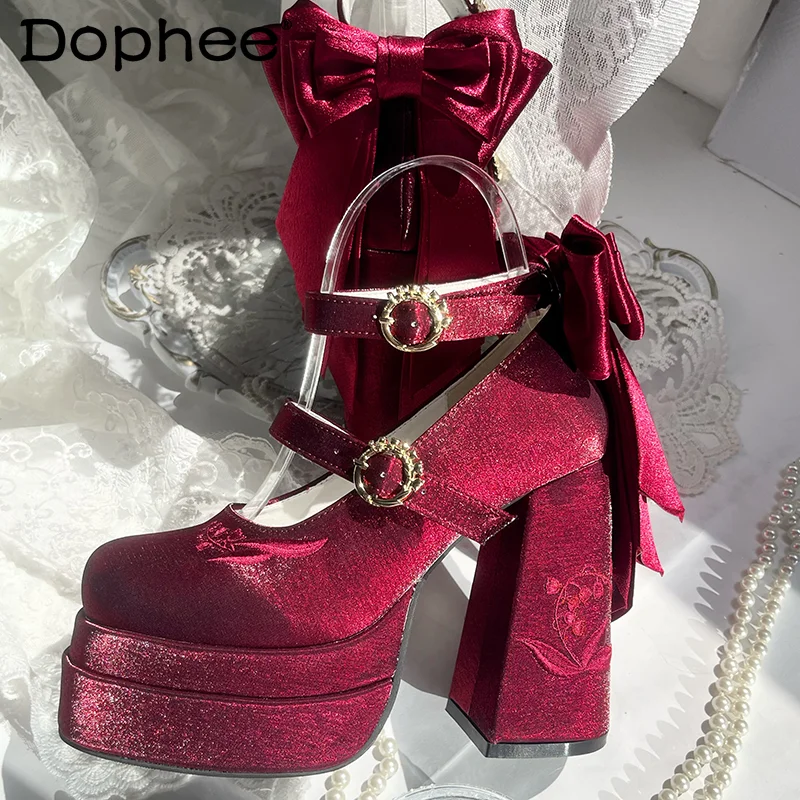 

Red Lolita Mary Jane Shoes Women's Girls Elegant Satin Bow Paltform High Heel Ladies Party Sweet Cos Pumps Platform Heels