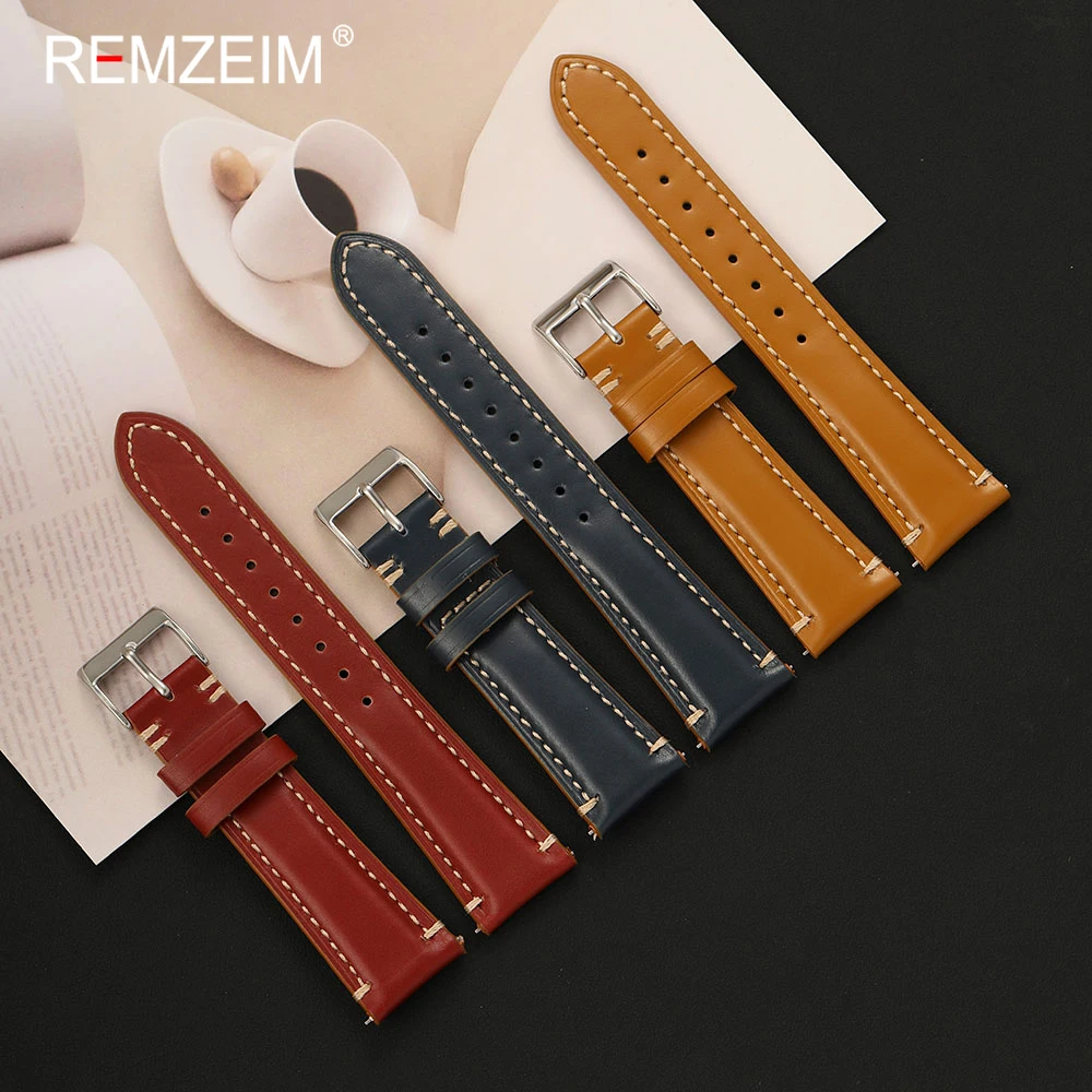 Retro Men Genuine Leather Watch Band 20mm 22mm Hand Stitching Quick Release Business Replacement Calfskin Watch Strap
