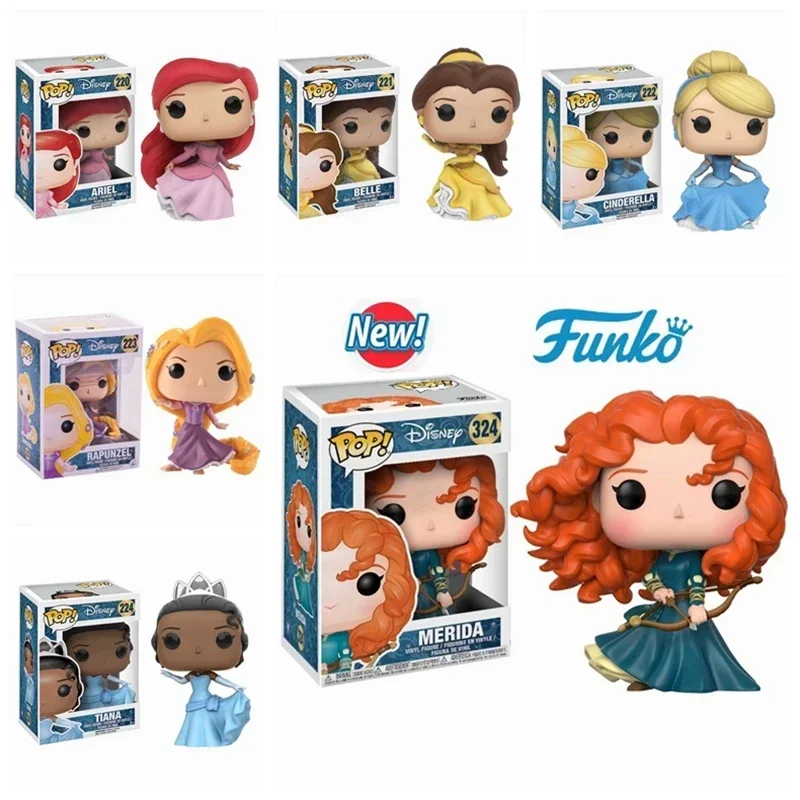 Nueva princesa FUNKO POP Ariel # 220 Belle # 221 Cenicienta # 222 Rapunzel # 223 Tiana # 224 Merida # 324 Figura de acción para regalo infantil