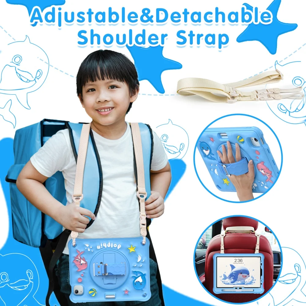 For iPad Mini A17Pro Mini6 Kids Cute Case for iPad Air 4 5 10.9 Pro11 Air11 Cartoon Silicone Wrist Strap Shoulder Rotation Cover - view 3