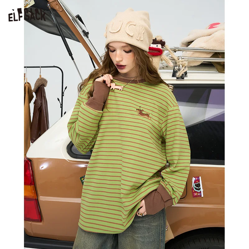 ELFSACK 2024 Winter New Arrivals Dog embroidered green striped loose long sleeved t-shirt for women