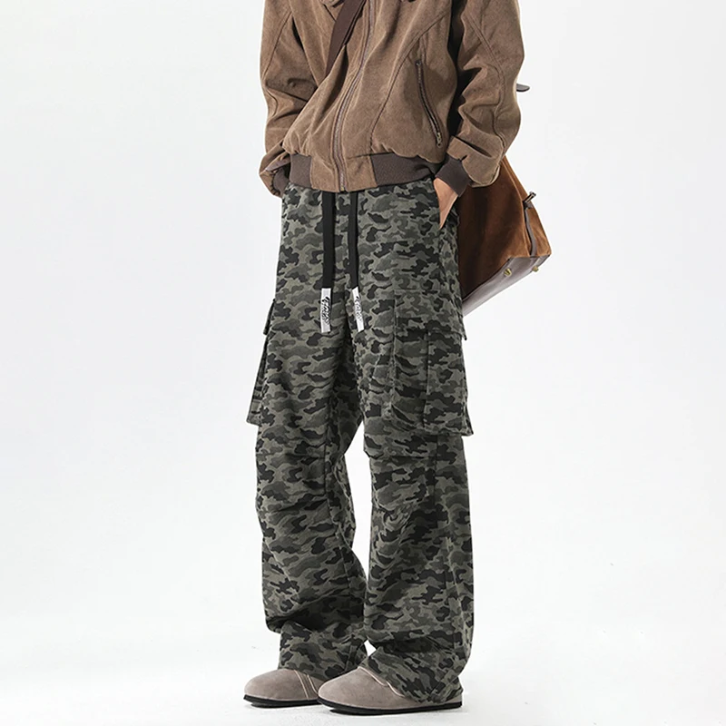 

American Hip Hop Camouflage Pants Men Fashion Y2K Big Pocket Cargo Pants Man Autumn Winter Vintage Army Green Wide Leg Trousers