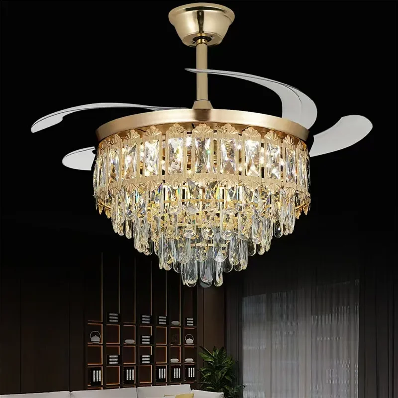 

TINNY Modern Crystal Fan Light Luxury Living Room Restaurant Bedroom StudyVilla LED Ceiling Fan Light Remote Electric Fan Light