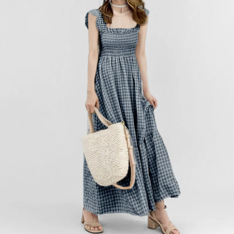 

TOY-2025Spring New Elegant Women's Commuter Patchwork Plaid Strap Elastic Hem Dress