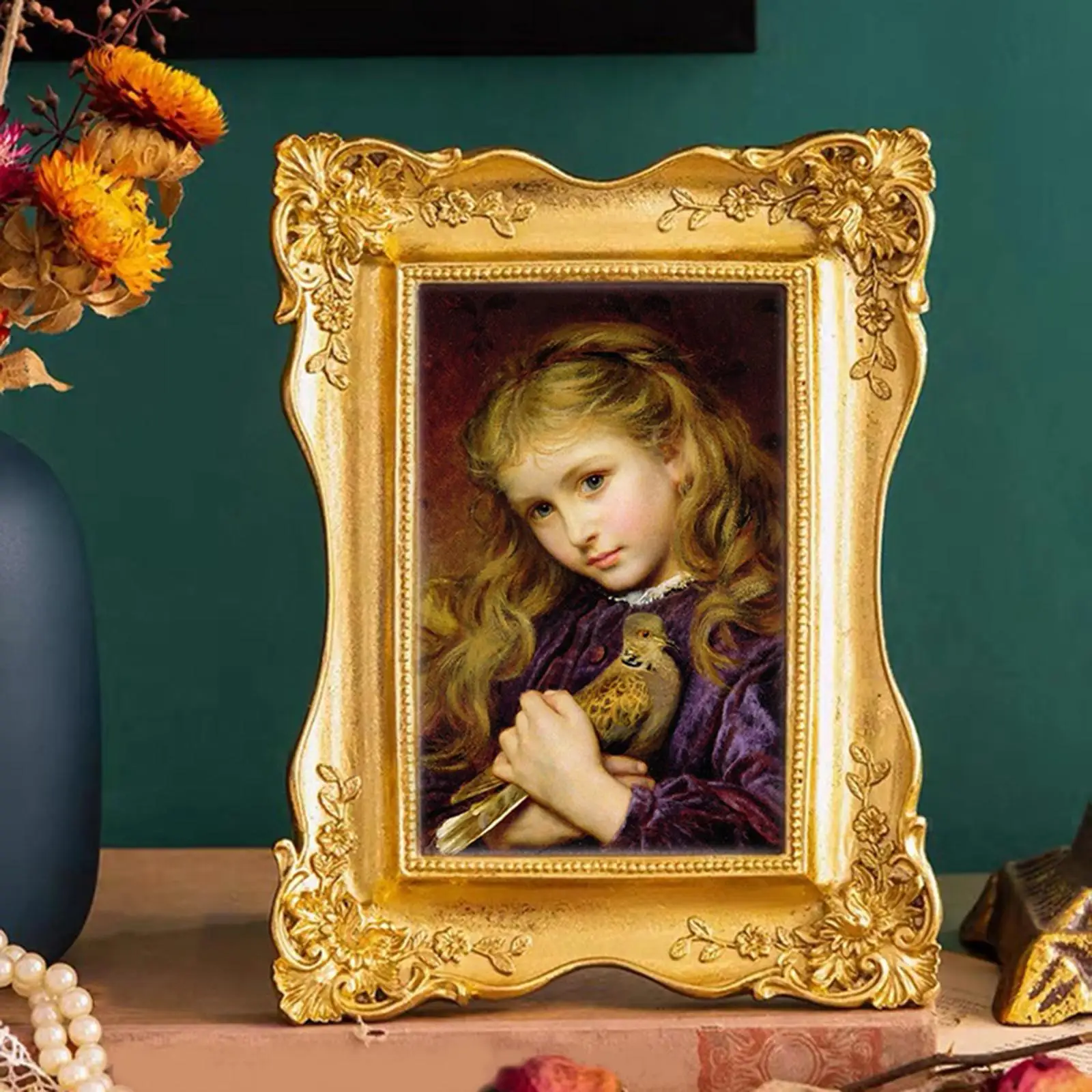 Antique Photo Frame Tabletop Wall Hanging Gold Rectangle Photo Display Frame