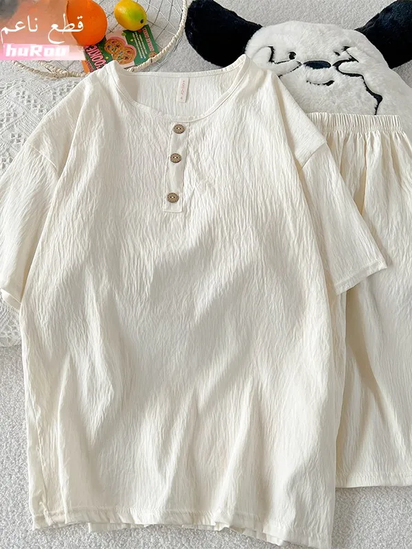 Summer Sleepwear Set for Men Cloud Cotton Loose Fit Short Sleeve Home Clothes Comfortable Breathable round Neck Design