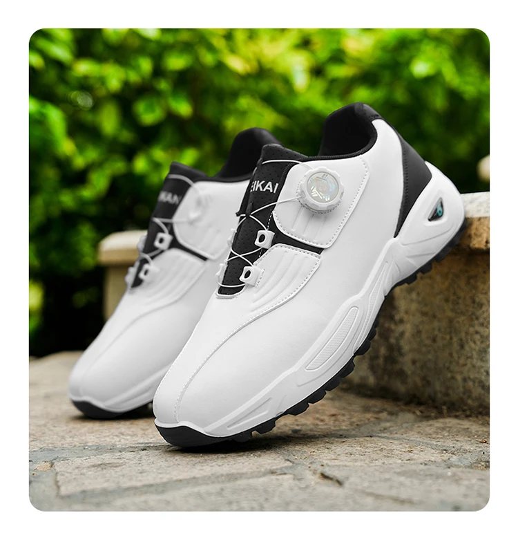 Herren Golfschuhe mit Drehverschluss und Spikes, Wasserdichtes Leder, Rutschfeste Outdoor-Sportschuhe in Weiß, Schwarz und Rot – Detail 9