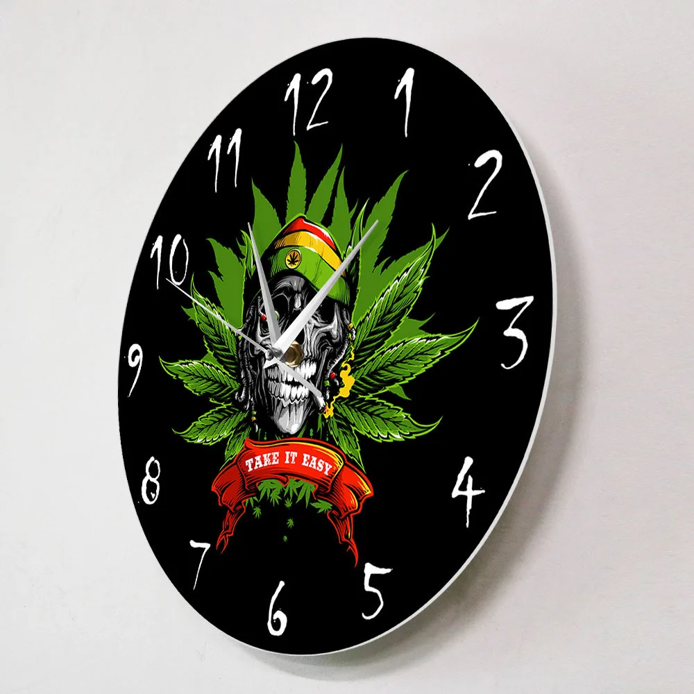 Rastafarian Skull Wall Clock Reggae Rasta Hat Take It Easy Silent Scan Quartz Watch Man Cave Bar Room Decor Reggae Fan Gift