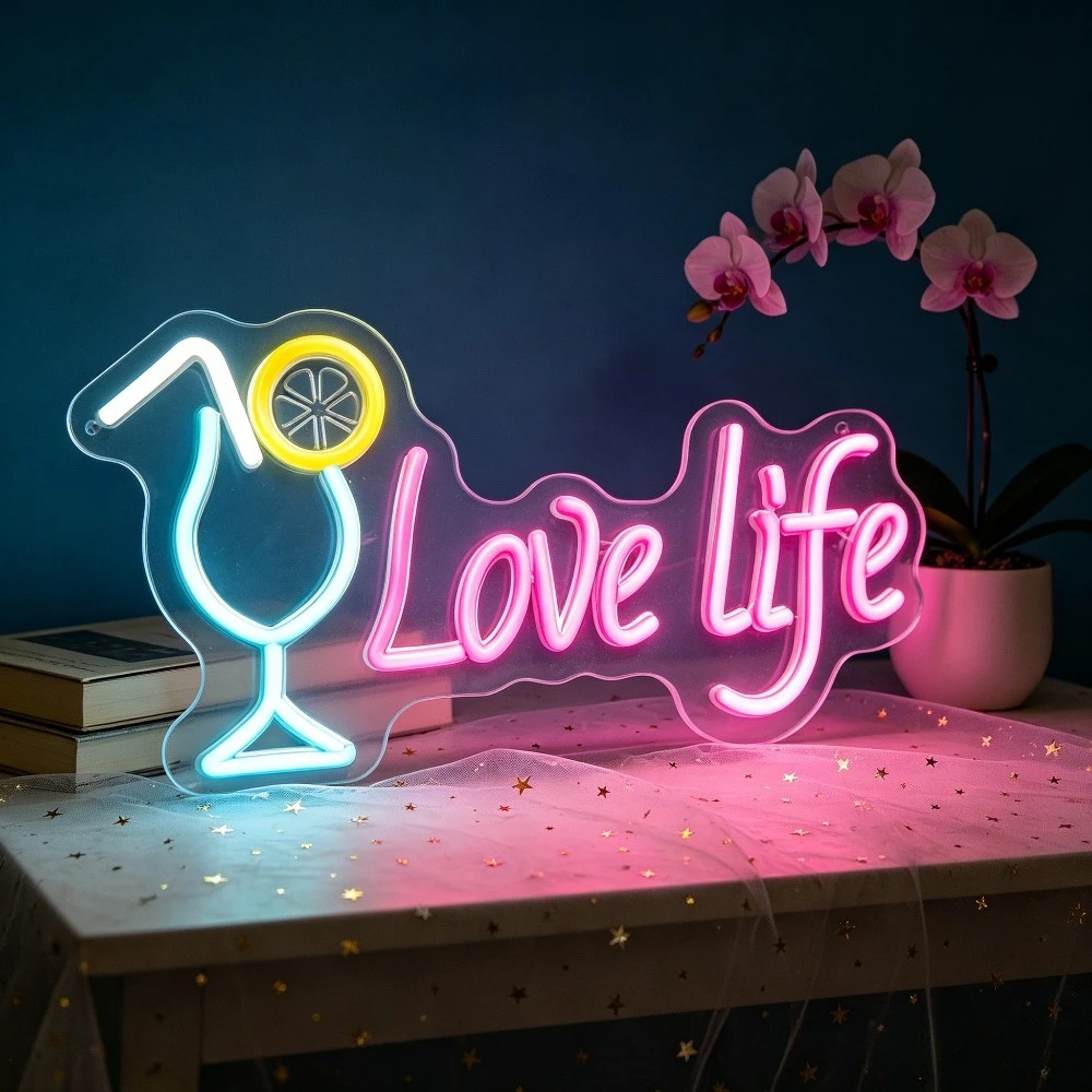 Love Life LED Neon Sign Dimmable USB Wall Light for Cafe Bar Bedroom Living Room Hotel Flower Shop Home Party Wall Decor Gift