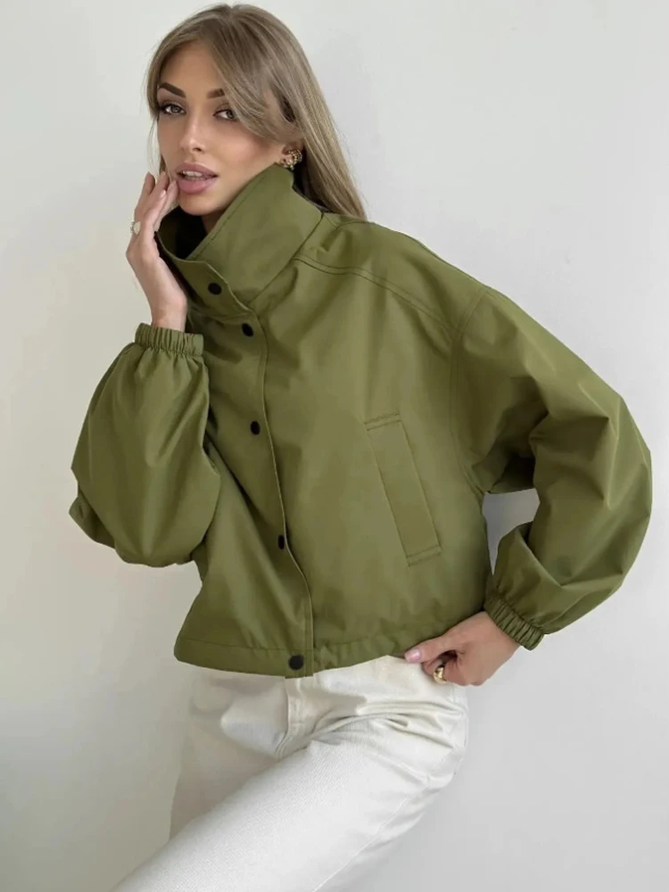 Trendy Women's Casual Short Trench Coat Solid Stand Collar Full Sleeve Cropped Jacket Autumn Female Clothing Zipper Outerwear