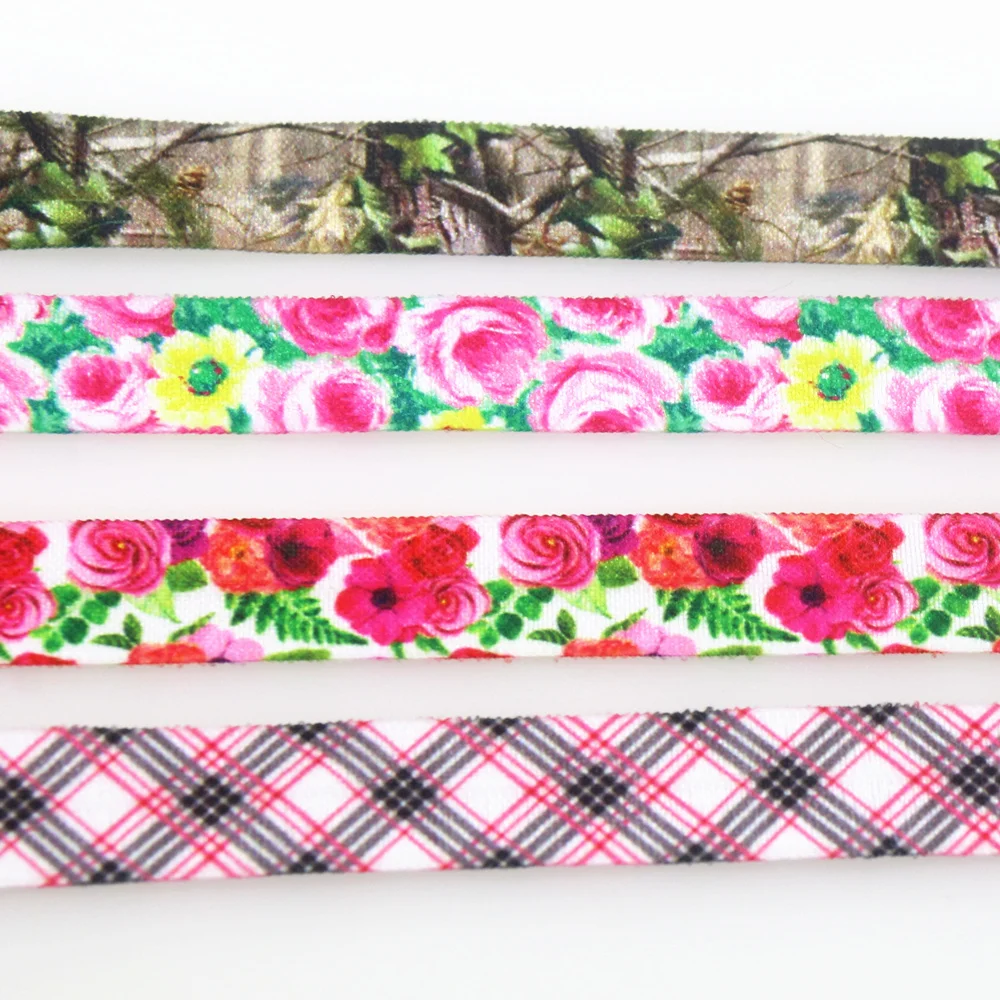 DHK 5/8'' 50yards Flower Camo Flamingo Plaid Grid Printed Fold Elastic FOE Stretch Ribbon Accessories Craft DIY Sewing S2021