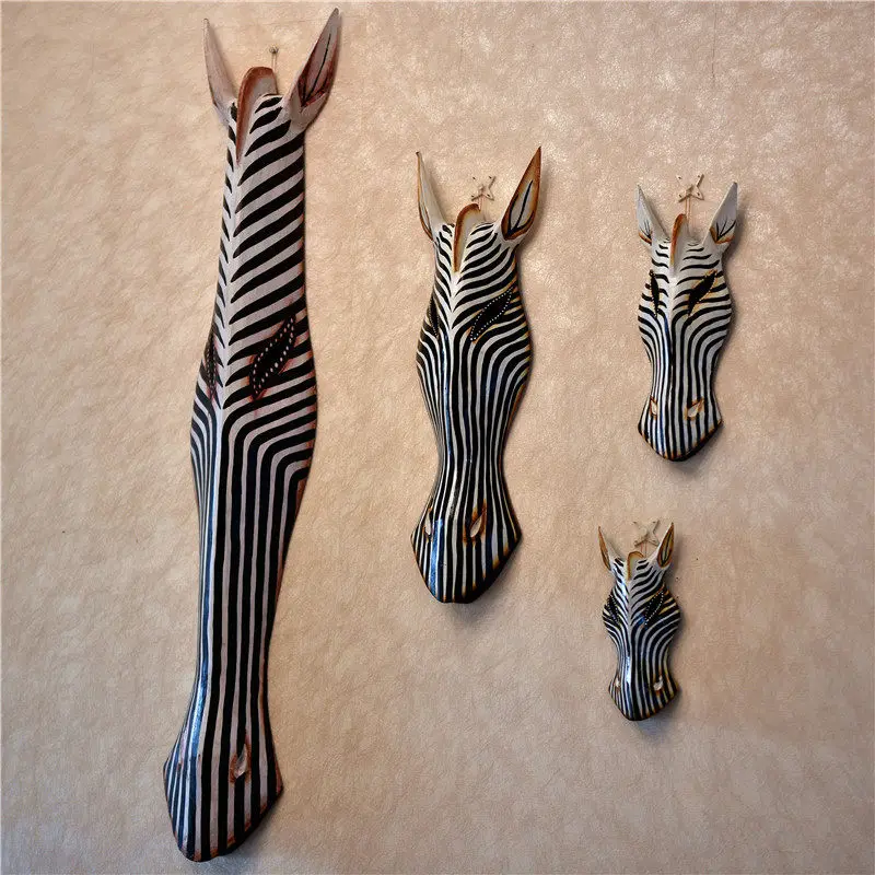 Figurine Sculpture Vintage Wood Carving Wall Hanging Bali Mask Giraffe Zebra Handmade Painted Art Craft Bar  Home Wall Decor