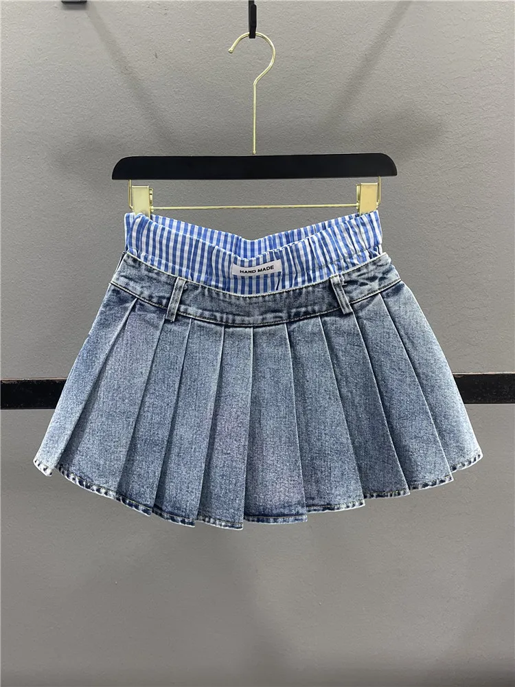 

Slimming Plaid Splicing A-Line Skirt Casual High Waist Denim Pleated Women's Spring Summer Design Sense Sexy Girl Skirt