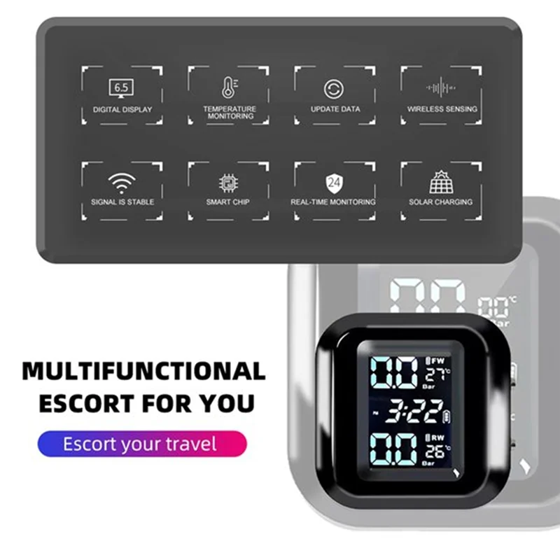 

A03Z-Motorcycle External Tire Pressure Sensors Solar Power TPMS Tire Pressure Monitoring System Tire Alarm Digital Display