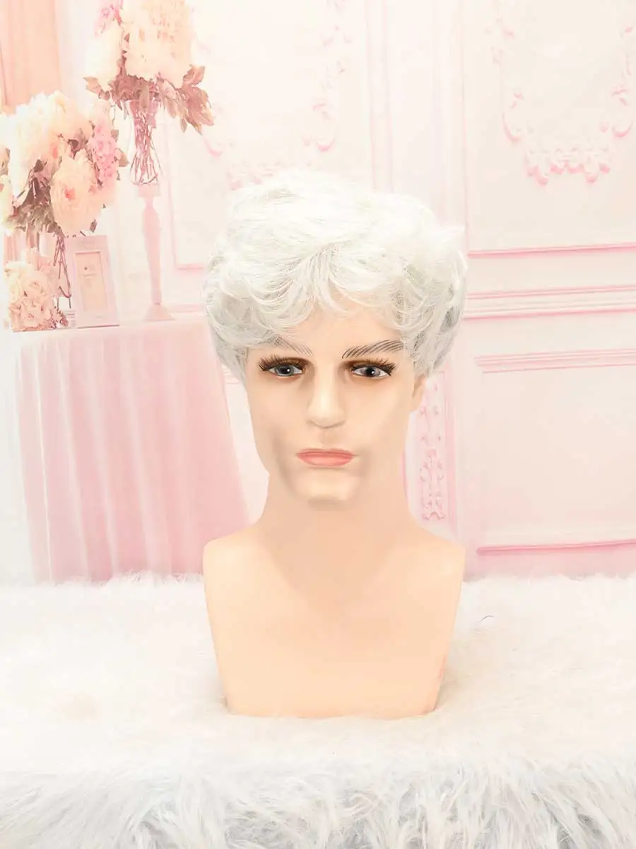 Silver White Short Wavy Wig for Men, Heat Resistant Premium Synthetic Full Wig Natural Fringe Daily Party Cosplay Styling