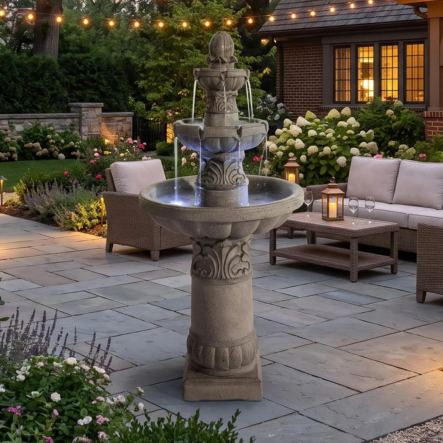 52 Inch 3 Tier Outdoor Led Garden Fountain Large Floor Standing Cascading Waterfall Bubbler Resin Water Feature Patio Yard Space