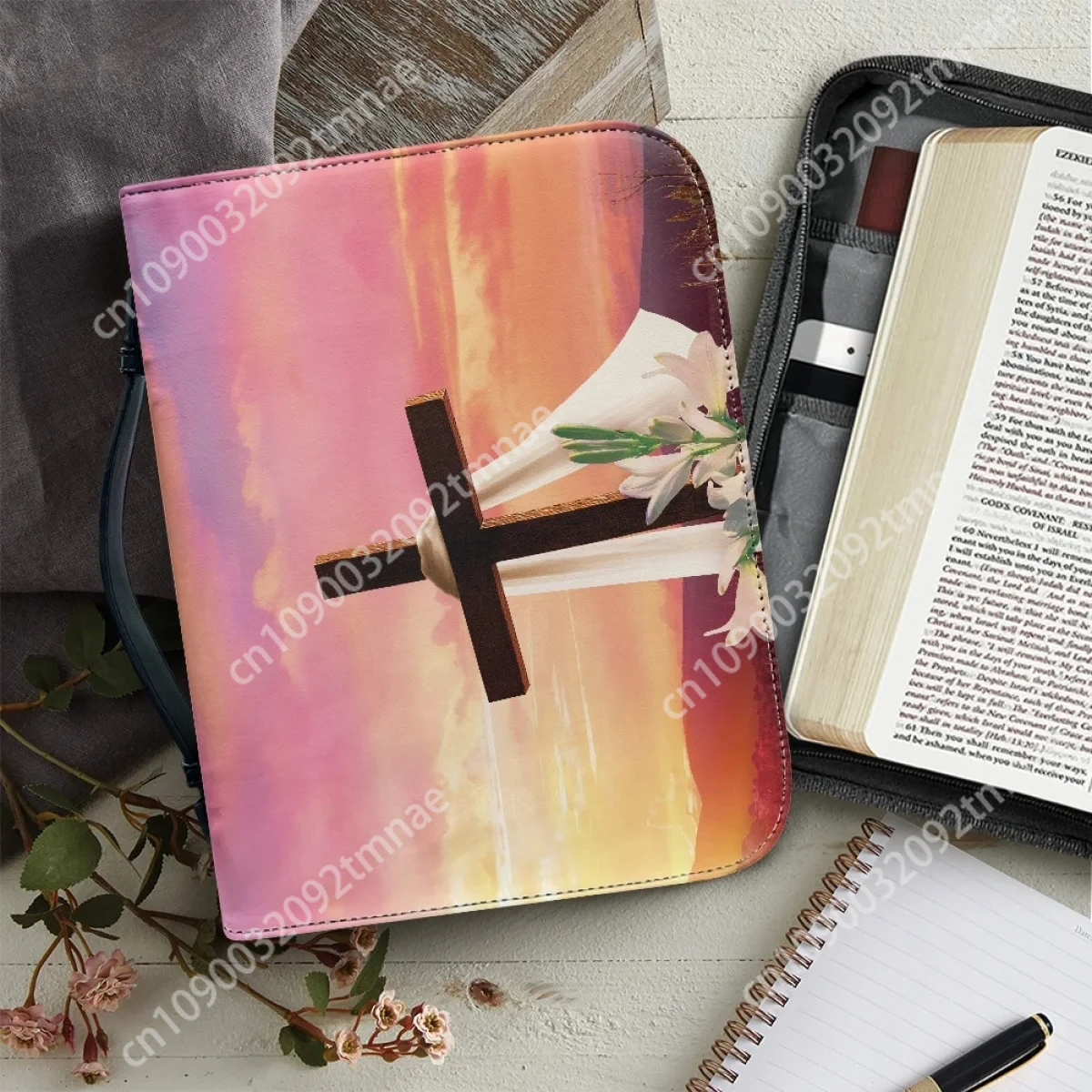 

Sunset Cross Custom Bible Storage Bags Leather Handbags Zippered Handle Christianity Bible Carrying Bag Portable Bible Bag Women