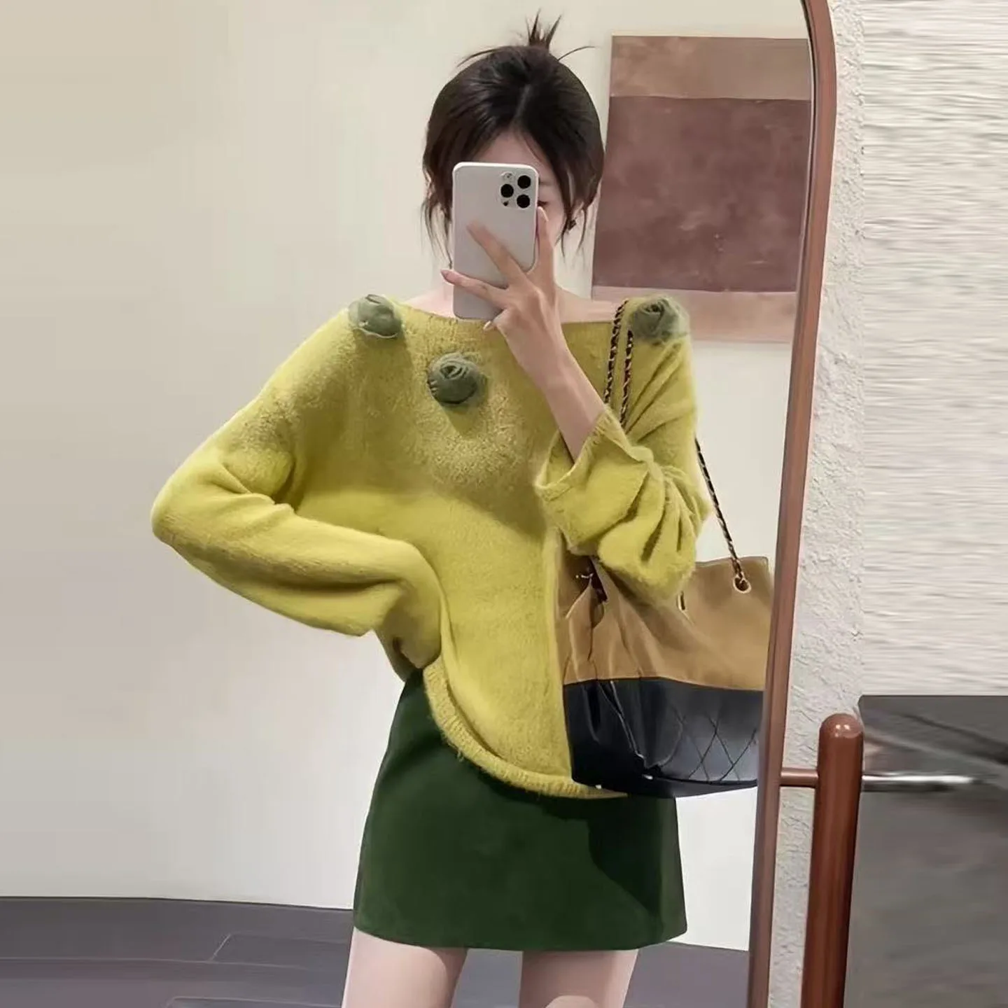 En Aosphere ثلاثية الأبعاد زهرة مائلة oulder سترة المرأة الخريف الشتاء جميلة كسول Camere لينة مريحة محبوك #1