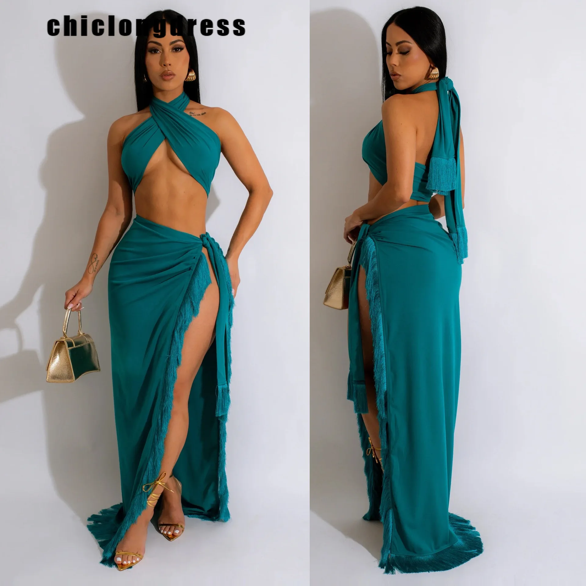 

Summer Sexy Two Piece Women Fashion Beach Style Halter Bra Lace Up Split Tassel Skirt Two Piece Set Women
