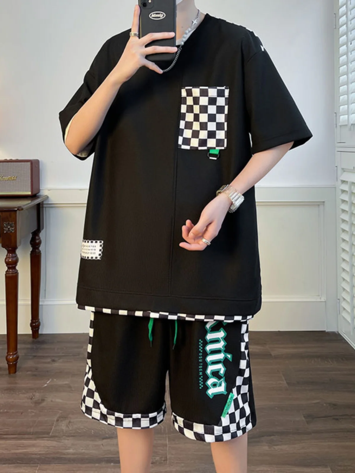 plus-size-casual-sportswear-set-men's-summer-trendy-brand-spliced-short-sleeve-shorts-five-quarter-length-polyester-t-shirt