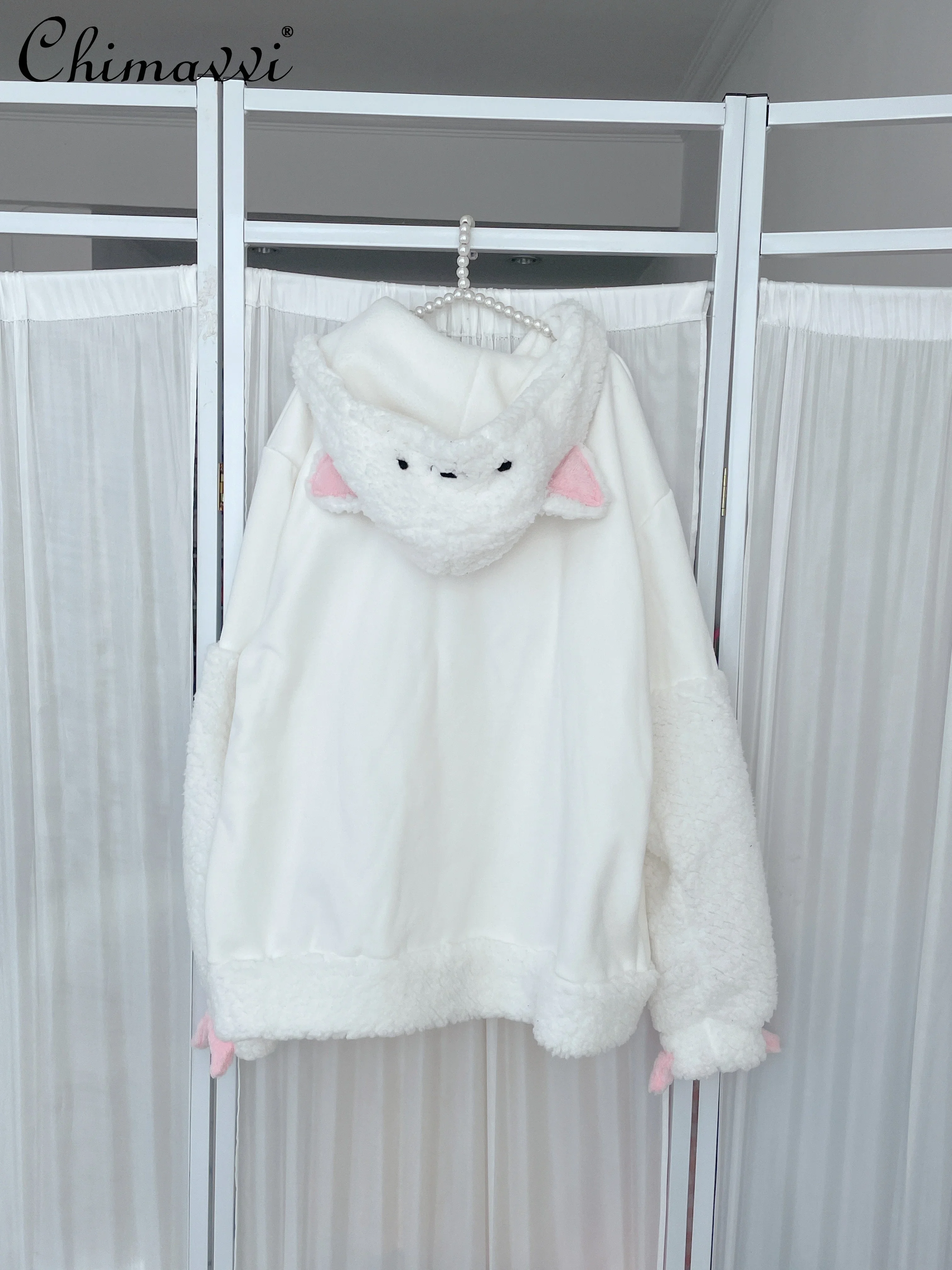 Kawaii Cat Ear Hooded Lamb Wool Loose Wool Sweatshirt for Women New 2024 Autumn and Winter Sweet Girl Loose Hooded Y2k Tops