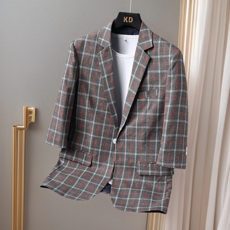 

KIDWHXR Man Summer Suit Coat Korean Contrast Color Plaid Male Outerwear Slim Breathable Short Sleeve Business Casual Men Blazer