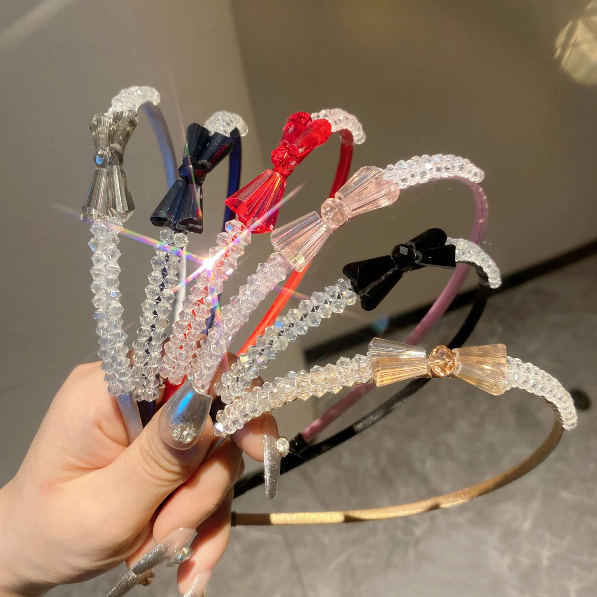 Elegant Big Bow Crystal for Headwear Women Hair Loop Girls Vintage Hair Bands Thin Hairband Hoop for Wedding Party Headwear