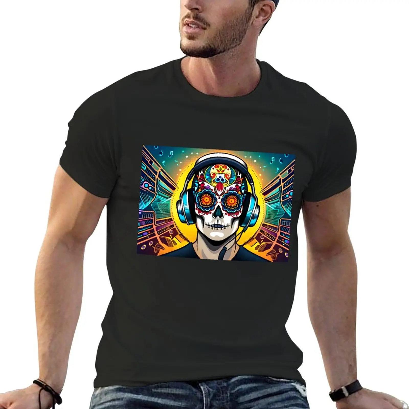 

New DJ Sugar Skull / Sugar Skull with Headphones T-Shirt plus size tops T-shirt short men clothing