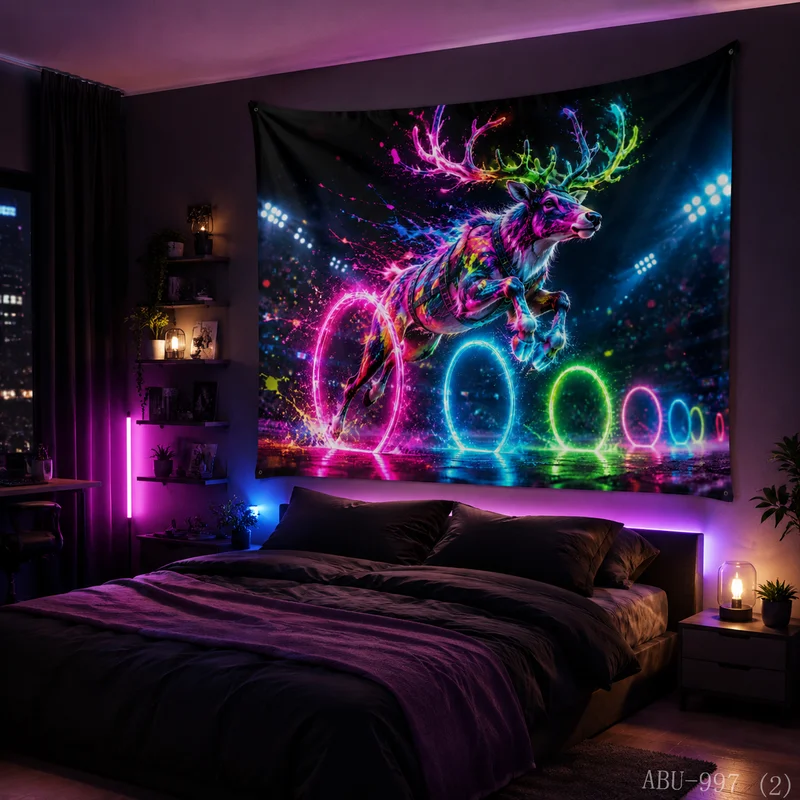 VIKAMA Ink Splashing Colorful Neon Elk Sports Field Christmas Tapestry, HD Cloth, Vibrant Holiday Atmosphere Decor
