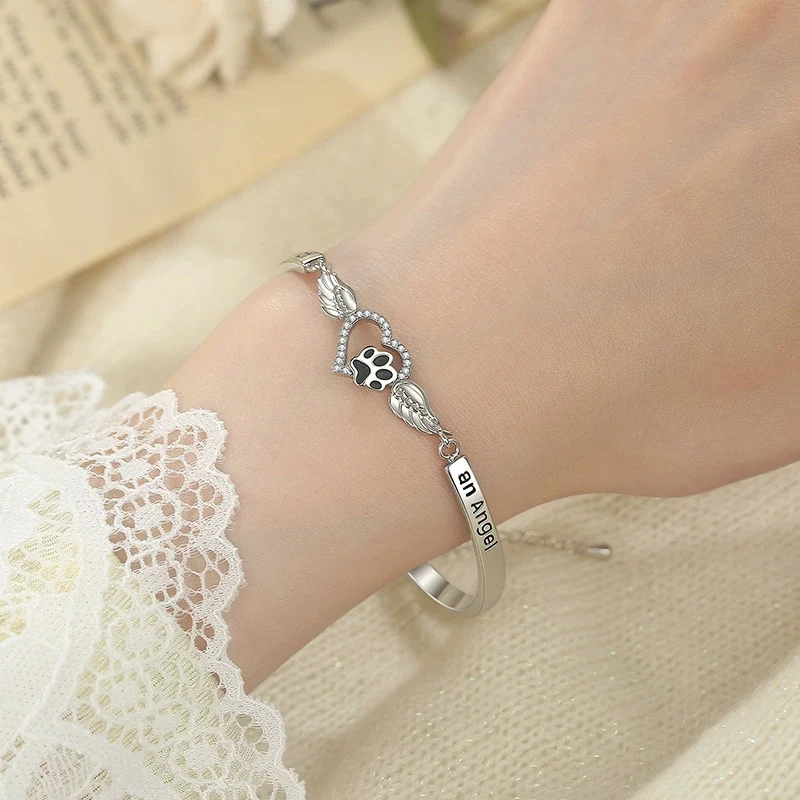 New Zircon Love Heart Wings Bracelet For Mother's Day Black Cat Footprint Bracelet Fashion Wristband For Women Gift KOFSAC
