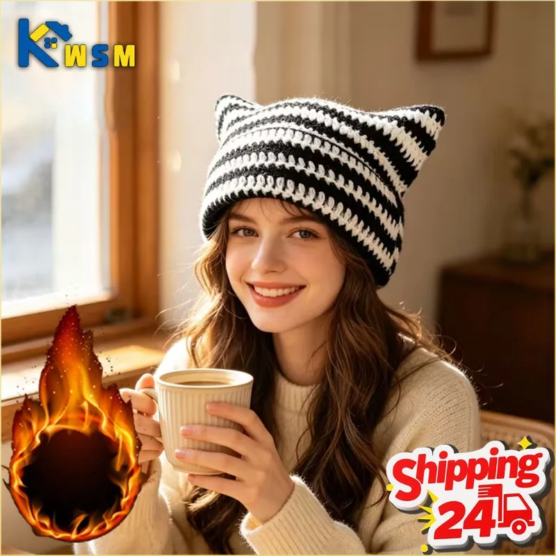 1-5pcs Cat Ear Knitted Winter Beanie for Women Striped Warm Cozy Soft Pointed Hat Versatile for Couples Outdoor Cold Weather
