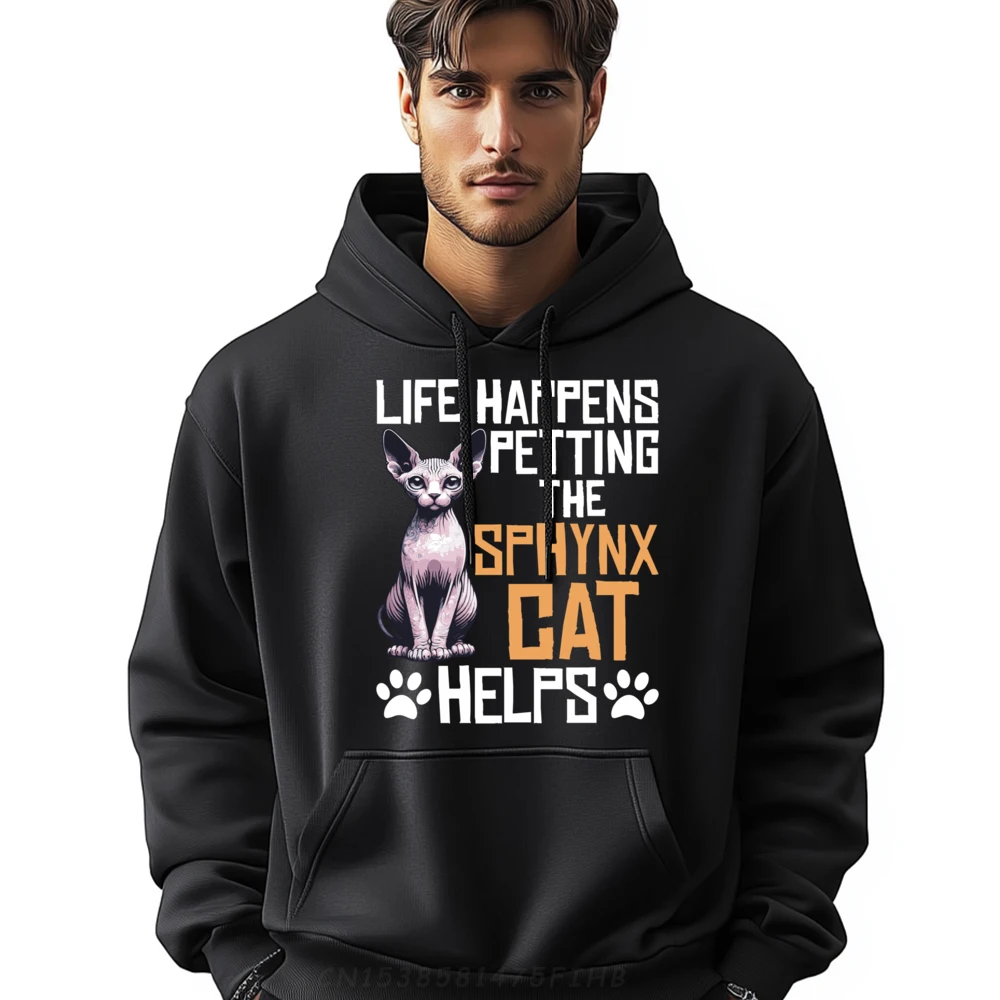 Life Happens Petting The Sphynx Cat Graphic Pullover Hoodies Polyester Fiber Long Sleeve Sweater Japan Style