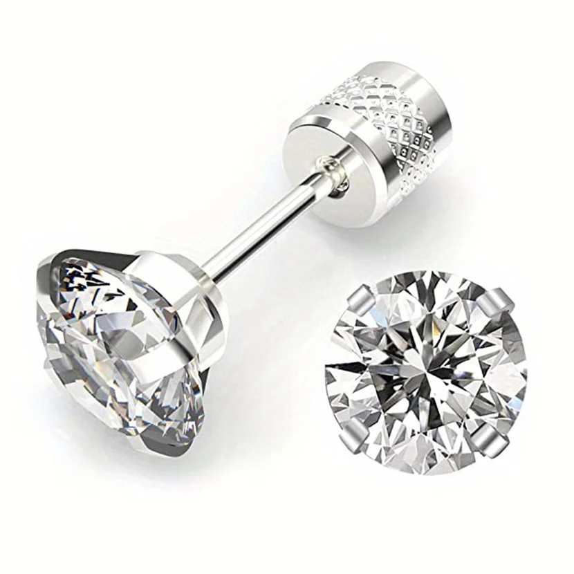 1 Pair 4MM Simple Stainless Steel Double-sided White Cubic Zirconia Screw Back Stud Earrings for Men Women Daily Wear Jewelry