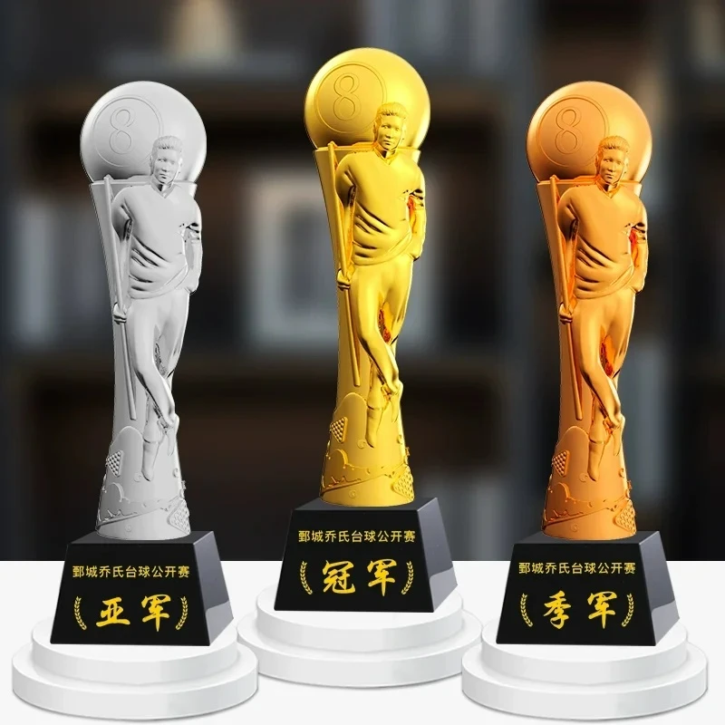 

Customized gold, silver and bronze trophies for billiards competitions, Black Eight Snooker prizes
