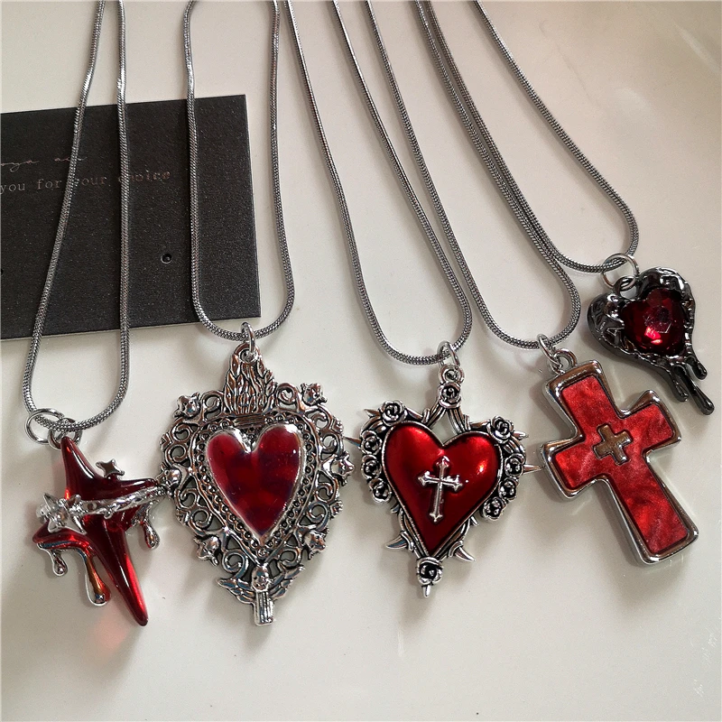 Gothic Trendy Y2K Rotes Herz Kreuz StarPendent Schlangenkette Choker Halskette Für Frauen Männer Punk Vintage Grunge Ästhetischen Schmuck