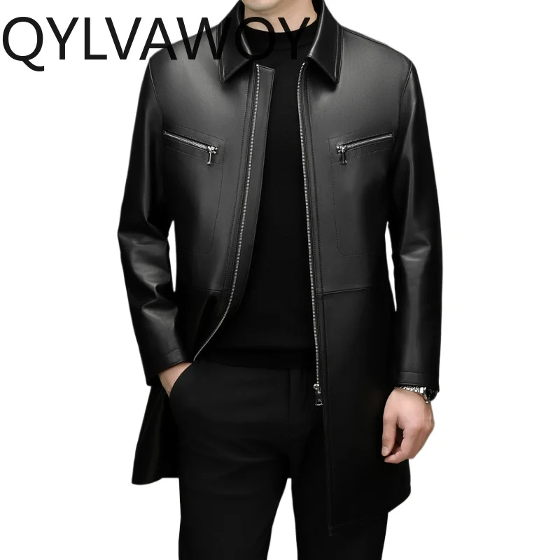 QYLVAWOY Real Leather Jacket Man Sheepskin Leather Jackets for Man Loose Spring Autumn Leather Coat Clothes Chaqueta Mid-length