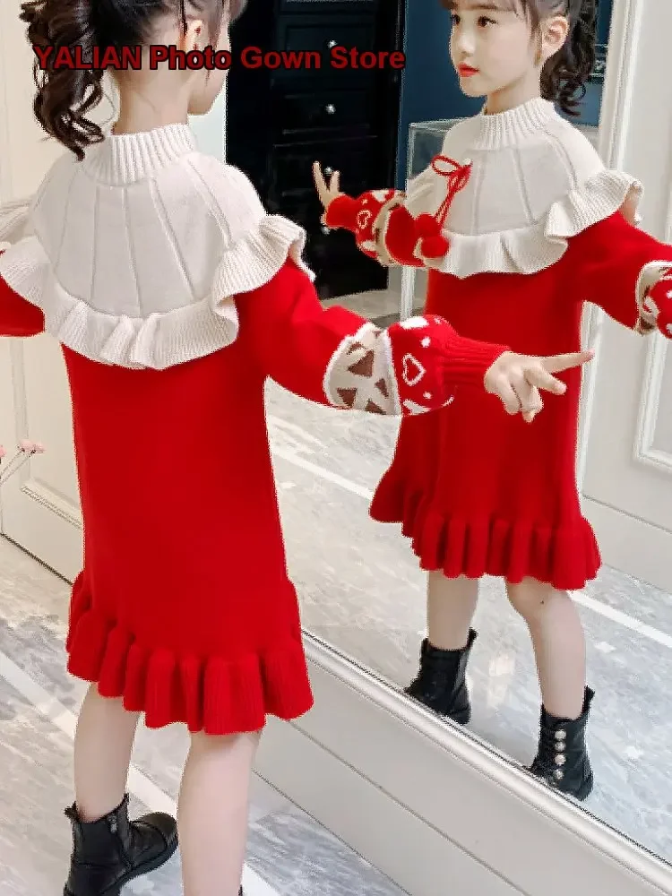 Girls Autumn Winter Dress Long Sleeve Elegant Knit Top Mid-Length Design for Older Kids
