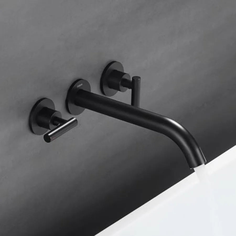 

Matte Black Wall-Mount Bathtub Tub Filler Solid Brass High-Flow Wall-Mount Tub Spout with 2 Handles Long Spout Reach for Fillin