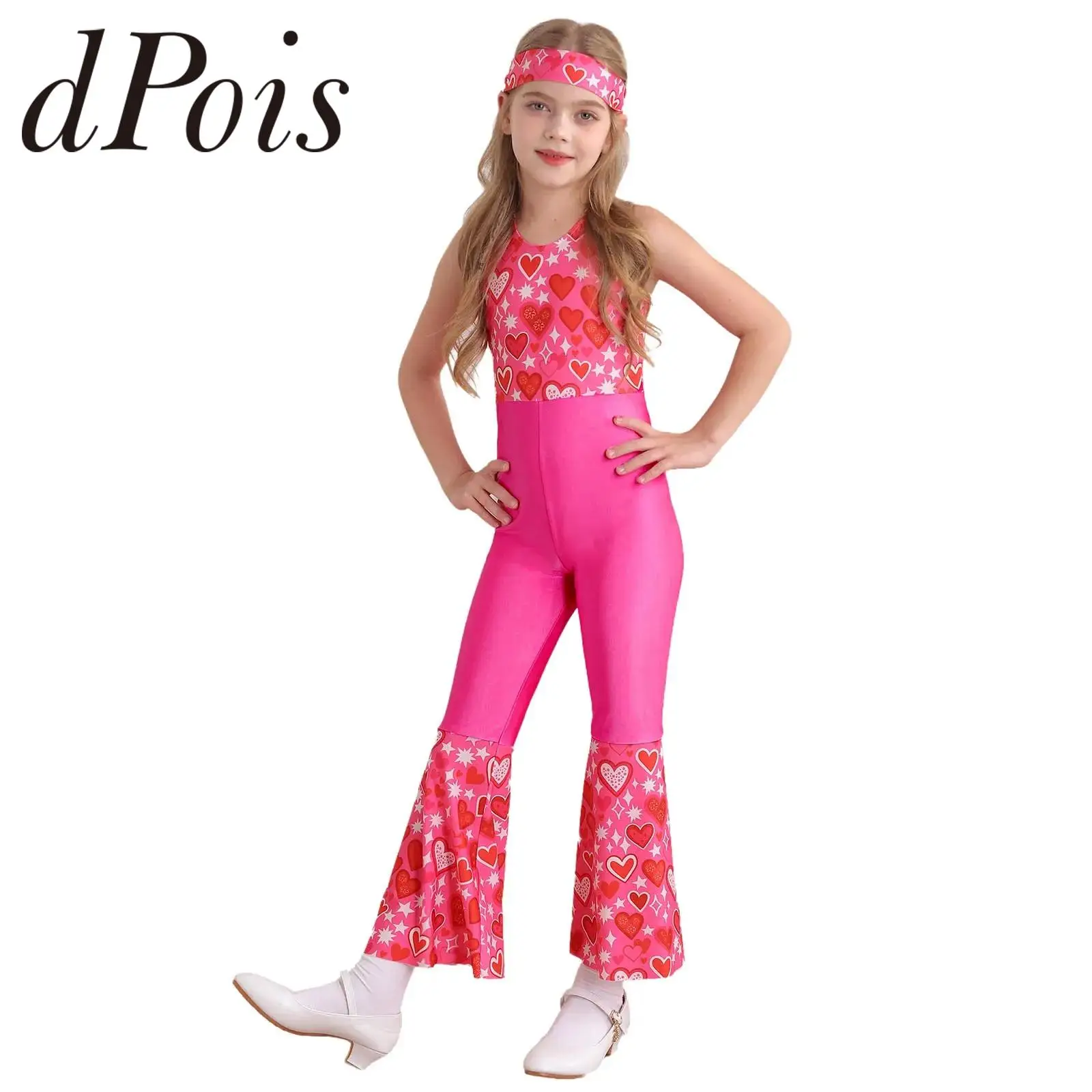 Crianças meninas halloween 70s disco cosplay traje hippie traje sem mangas cintura alta sino inferior macacão com bandana conjunto