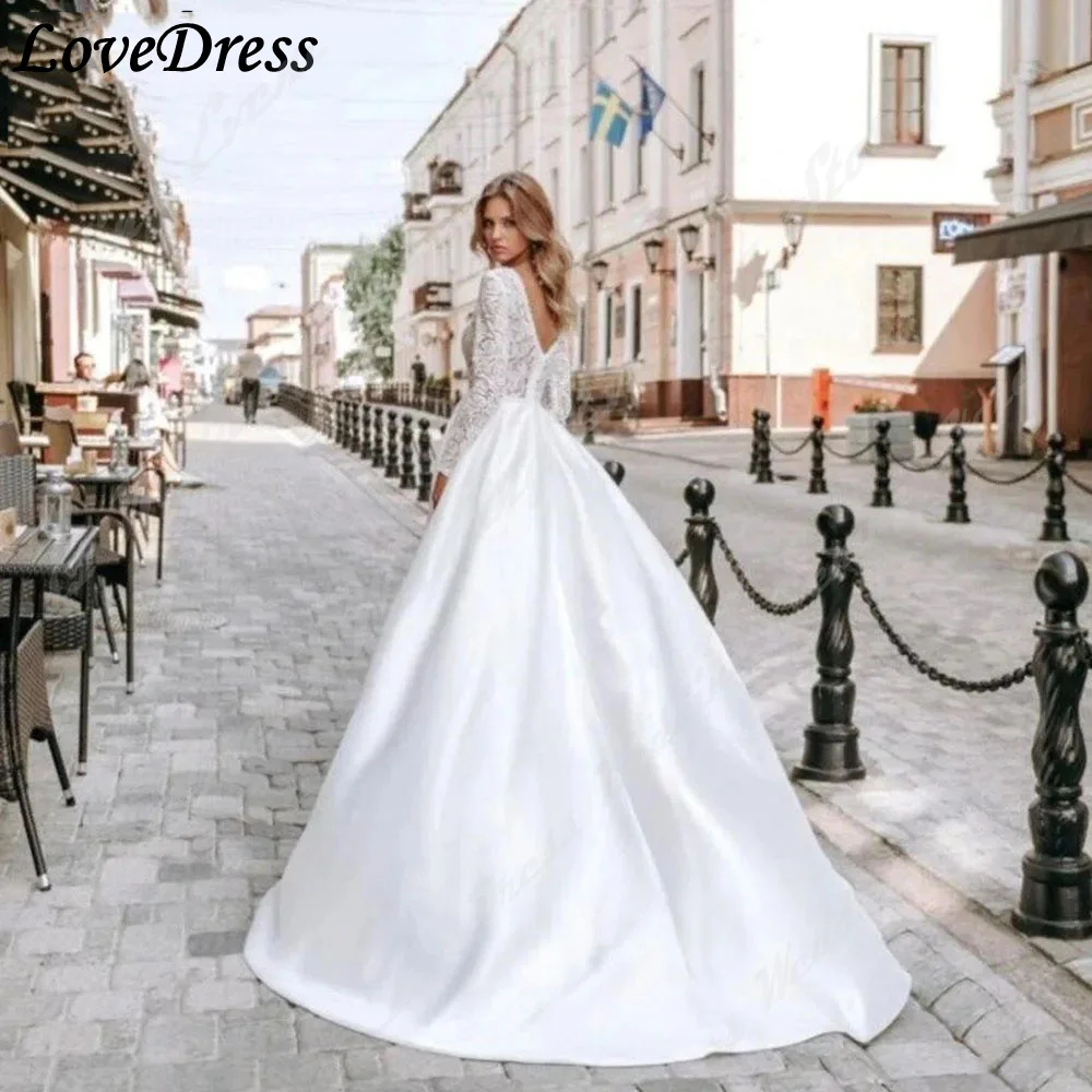 LoveDress Simple V Neck A Line Wedding Dresses Long Sleeves Tulle Bridal Dresses High Split Lace  Backless Vestidos De Novia