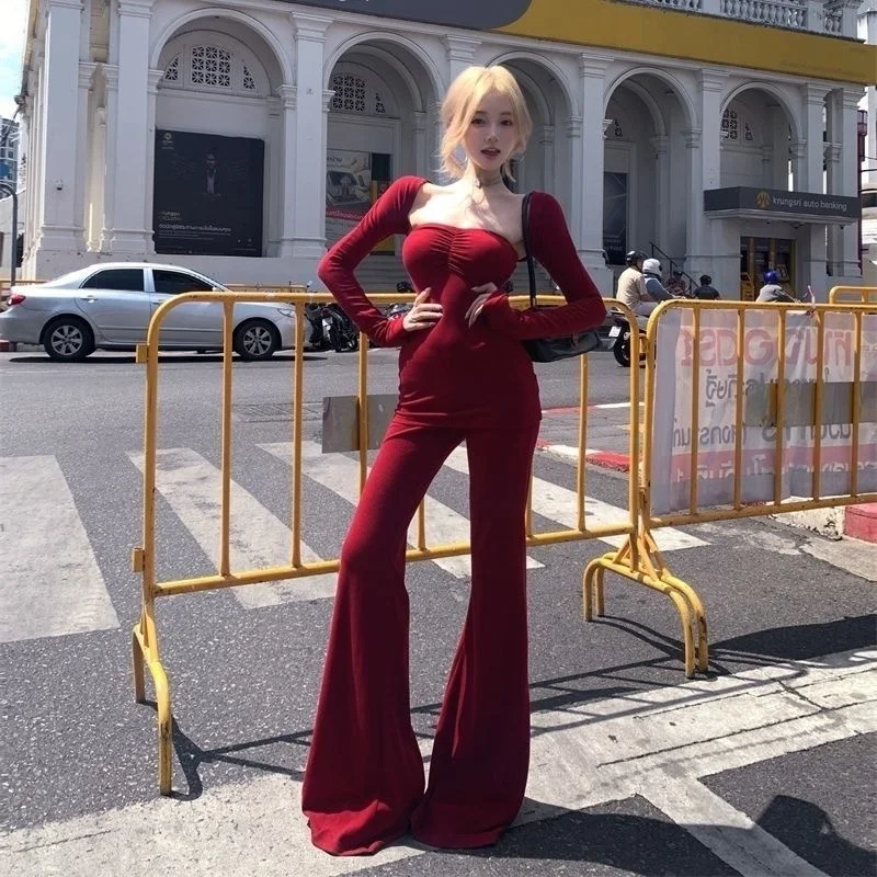 Women's Y2K Three-Piece Set with Flared Pants - Vintage Ruched Top & High Waist Bell Bottoms, Sexy Edgy Streetwear Spring Autumn