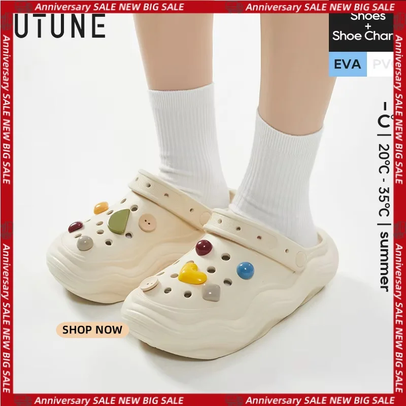 UTUNE Wave Sole Women Men’s Clogs Sandals Summer Thick Sole Large Garden Shoes Charm men's rubber slipper Sport Comfortable