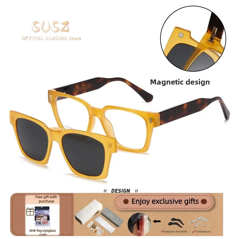 SUSZ New Magnet Clip On Polarized Sunglasses Women Square Anti Blue Light Prescription Eyeware Myopia Driving Eyeglasses