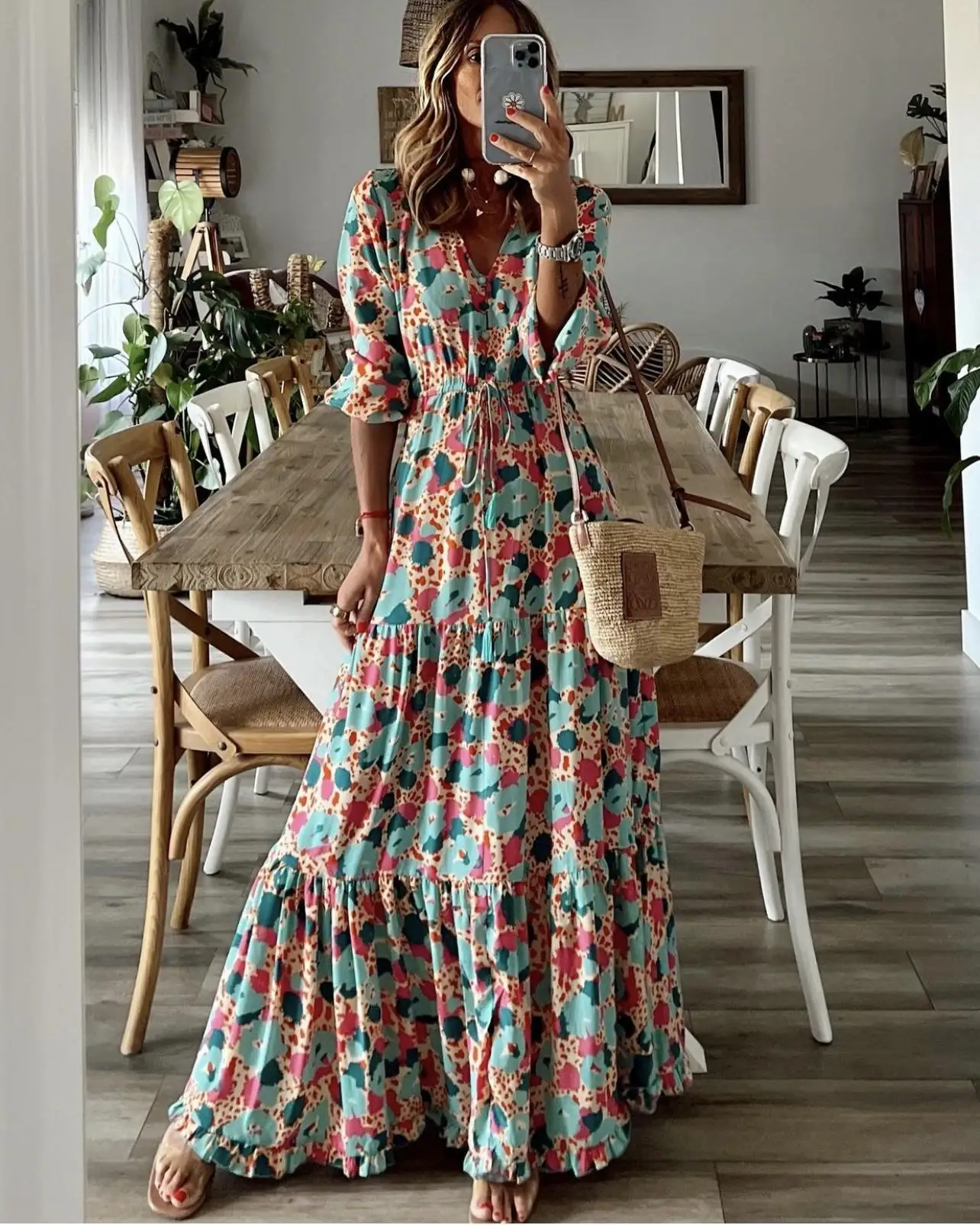 Printed Dress Spring New Style V-neck Long sleeved Adjustable Waist Dress Bohemian Printed Flare Dress