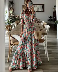 Printed Dress Spring New Style V-neck Long sleeved Adjustable Waist Dress Bohemian Printed Flare Dress