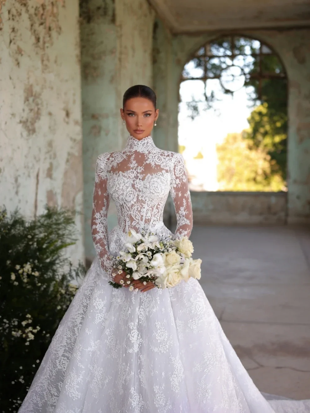 فساتين زفاف Flavinke مخصصة أنيقة ذات ياقة عالية على شكل حرف a من الدانتيل بأكمام طويلة فستان زفاف أبيض للعروس vestidos de novia #2